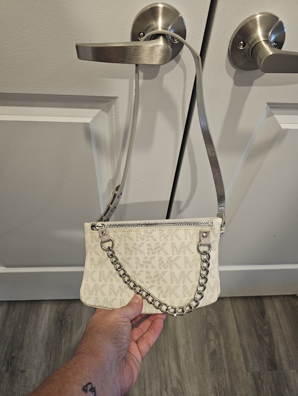 Michael Kors Cream Logo Mini Shoulder Bag with Silver Chain